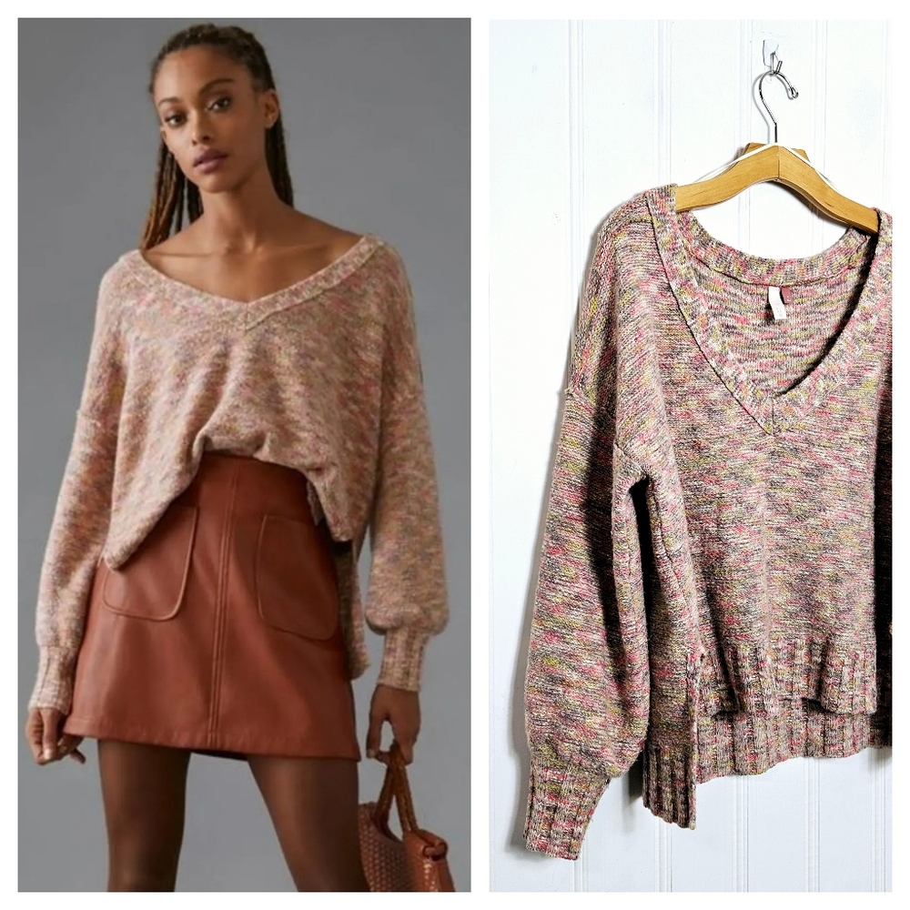 Pilcro Sweater S Deep V-Neck Spacedye Oversized Slouchy Boho Balloon Sleeve Knit